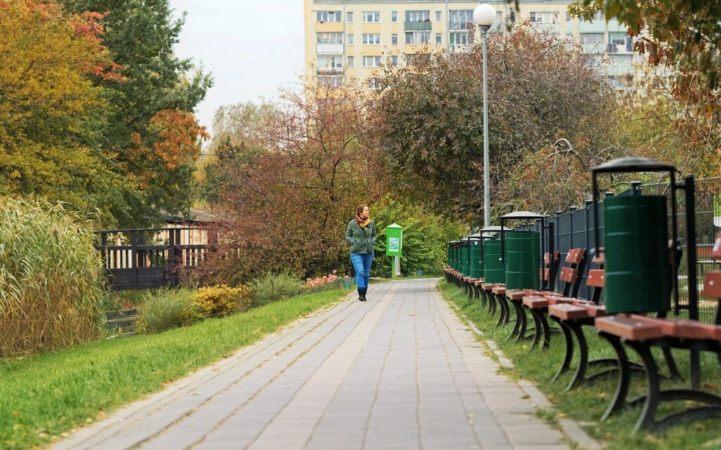 woman, benches, residential, naturally, weight, walking, autumn, colors, urban, landscape-7471704.jpg